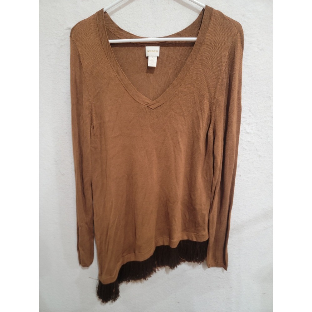 Chico's Brown Rayon Asymmetric Fringe Hem V-Neck Sweater Size 2 Large L
